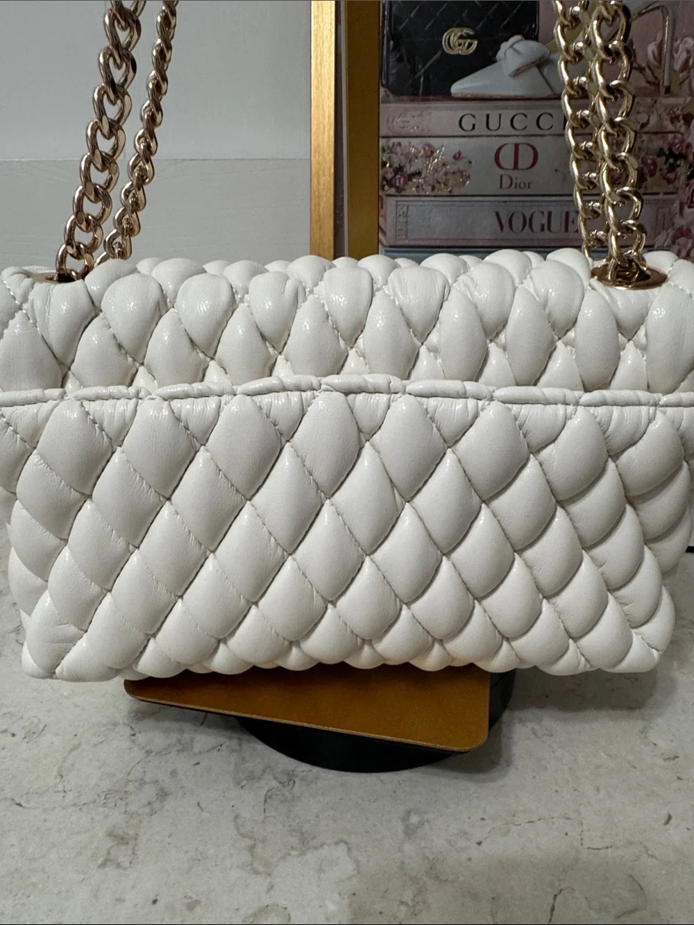 INC International Concepts White Quilted Shoulder Bag with Gold Chain